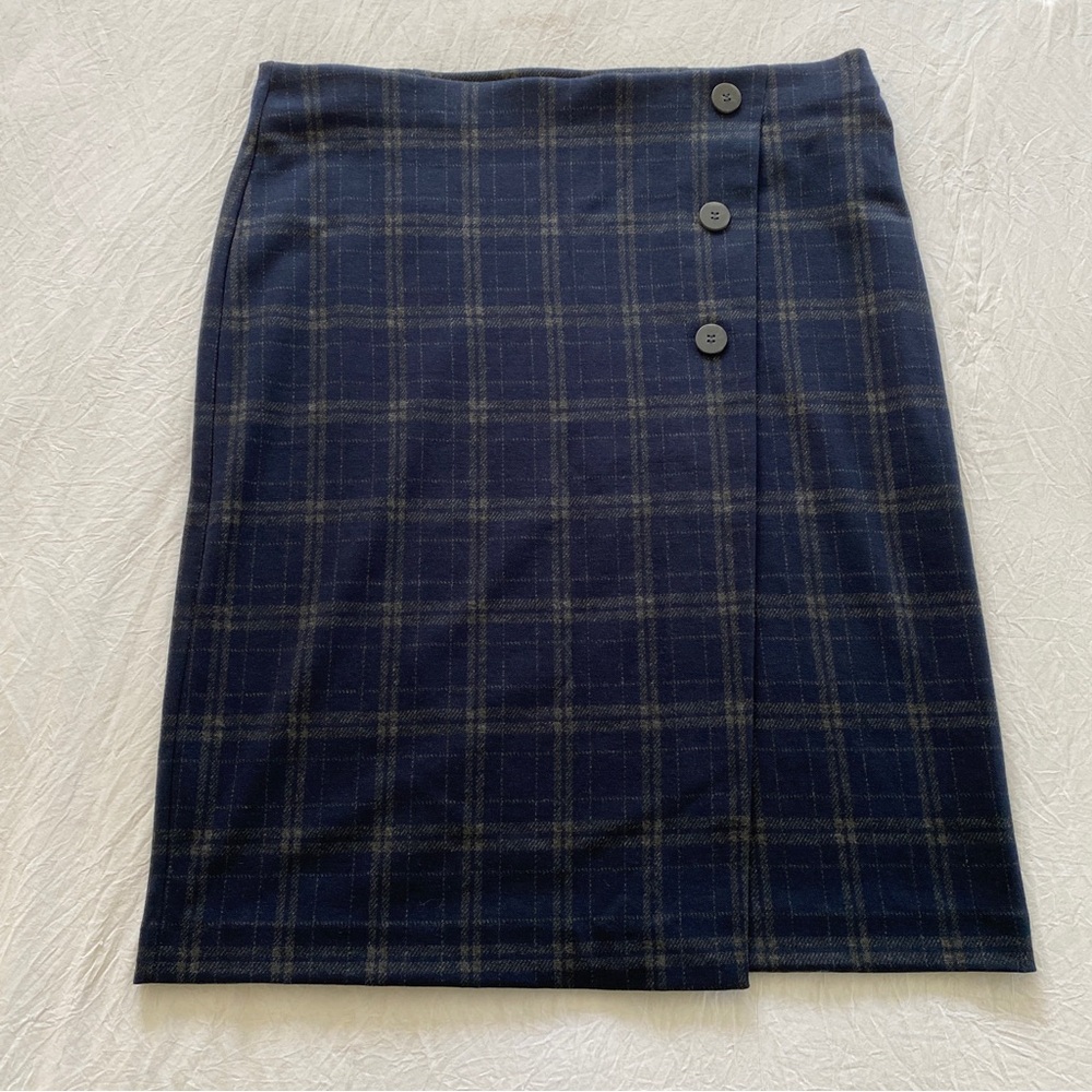J.Jill Plaid Faux Wrap Midi Skirt Navy Blue/Grey Button Accent Medium Like New